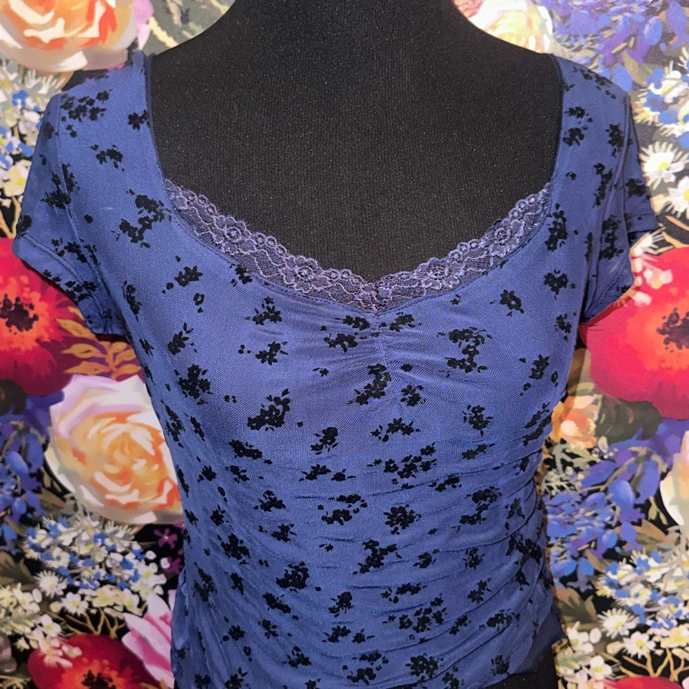 Blue Floral Lace Trim Top